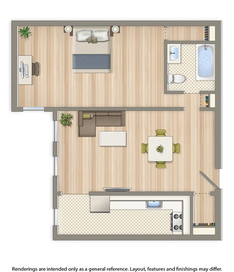 norwood one bedroom apartment floor plan rendering